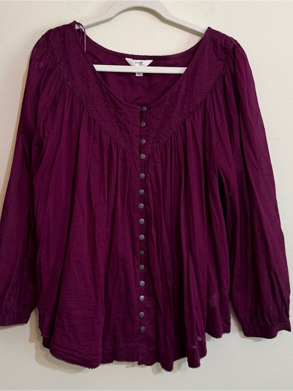 Terra & Sky Long-Sleeve Button Front Blouse in Plum 1X